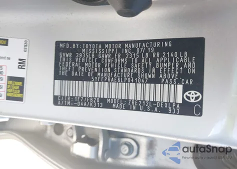 2020 Toyota Corolla Le z USA, uszkodzony, nr VIN 5YFEPRAE6LP041047